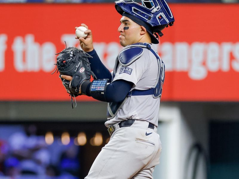 Sep 4, 2024; Arlington, Texas, USA; New York Yankees catcher Jose Trevino (39) prepares to throw the ball back to pitcher during the seventh inning against the Texas Rangers at Globe Life Field. Mandatory Credit: Andrew Dieb-Imagn Images