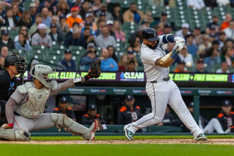May 13, 2025; Detroit, Michigan, USA; Detroit Tigers second base Gleyber Torres (25) hits a single in the first inning against the Boston Red Sox at Comerica Park. Mandatory Credit: David Reginek-Imagn Images