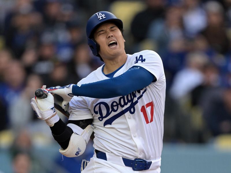 Apr 14, 2024; Los Angeles, California, USA; Los Angeles Dodgers designated hitter Shohei Ohtani (17) reacts after fouling a ball off his foot in the sixth inning against the San Diego Padres at Dodger Stadium. Mandatory Credit: Jayne Kamin-Oncea-USA TODAY Sports