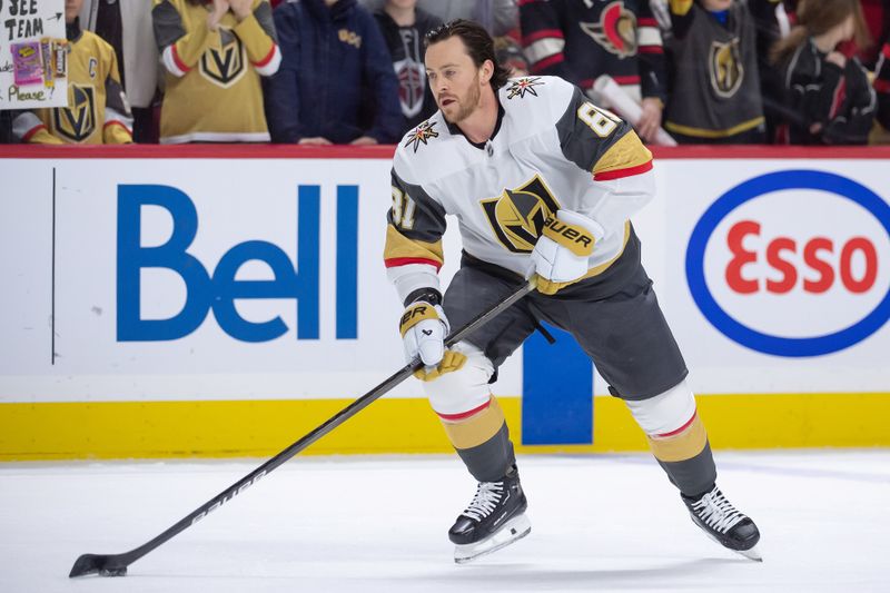 Feb 24, 2024; Ottawa, Ontario, CAN; Vegas Golden Knights right wing Jonathan Marchessault (81) skates with the puck during warmup prior to the start of game against the Ottawa Senators at the Canadian Tire Centre. Mandatory Credit: Marc DesRosiers-USA TODAY Sports