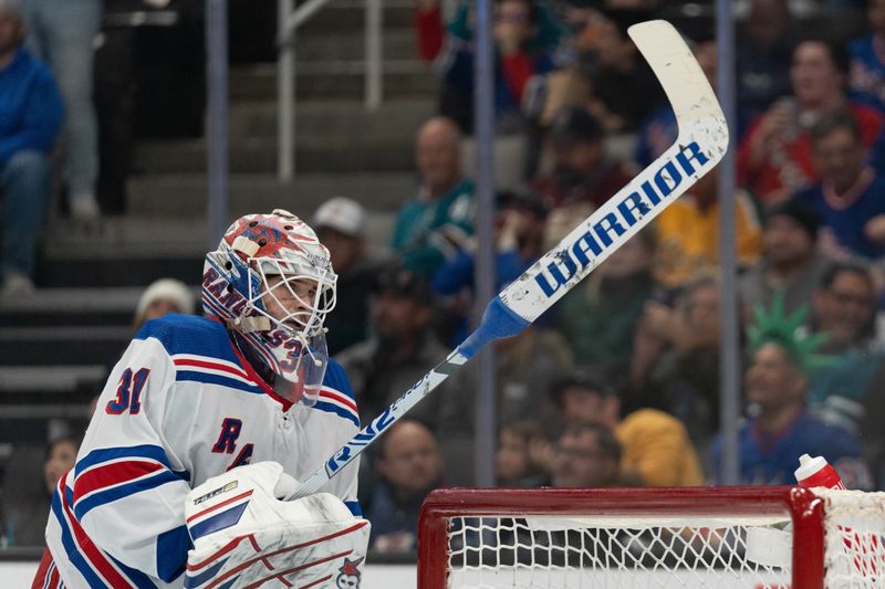 Jan 23, 2024; San Jose, California, USA; New York Rangers goaltender Igor Shesterkin (31) during the second period against the San Jose Sharks at SAP Center at San Jose. Mandatory Credit: Stan Szeto-USA TODAY Sports