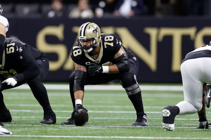 New Orleans Saints center Erik McCoy (78) during an NFL football game against the Atlanta Falcons, Sunday, Jan. 7, 2024, in New Orleans. (AP Photo/Tyler Kaufman)