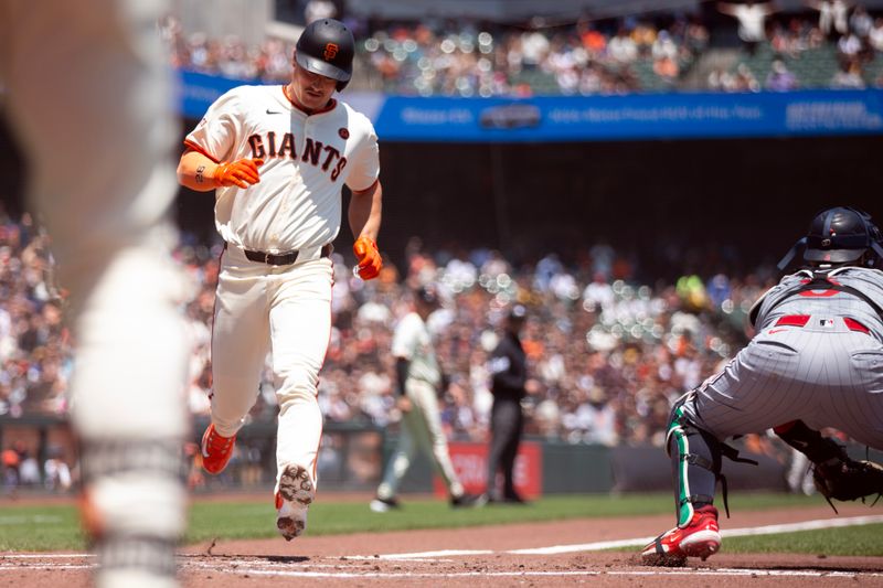 Jul 14, 2024; San Francisco, California, USA; San Francisco Giants third baseman Matt Chapman (26) scores on an RBI single by Thairo Estrada during the second inning against the Minnesota Twins at Oracle Park. Mandatory Credit: D. Ross Cameron-USA TODAY Sports