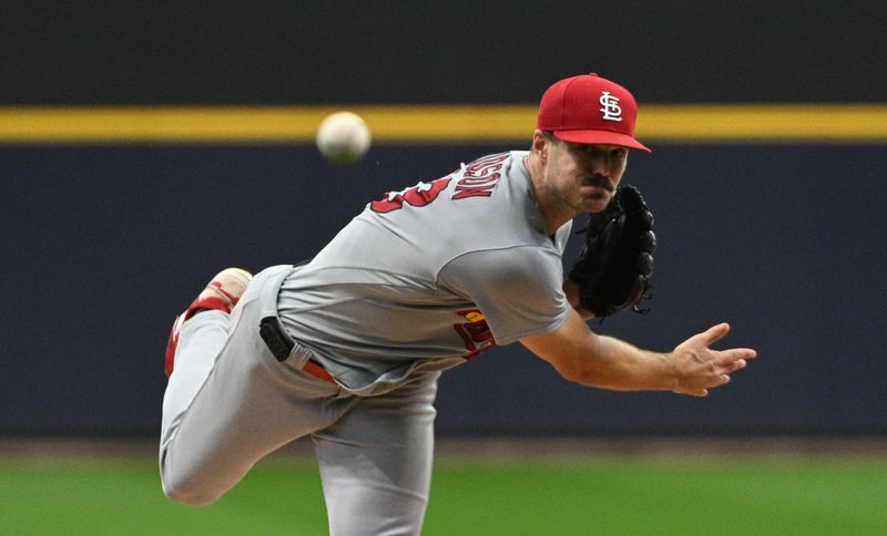 Sep 28, 2023; Milwaukee, Wisconsin, USA; St. Louis Cardinals starting pitcher Dakota Hudson (43) delivers a pitch against the Milwaukee Brewers in the first inning at American Family Field. Mandatory Credit: Michael McLoone-USA TODAY Sports