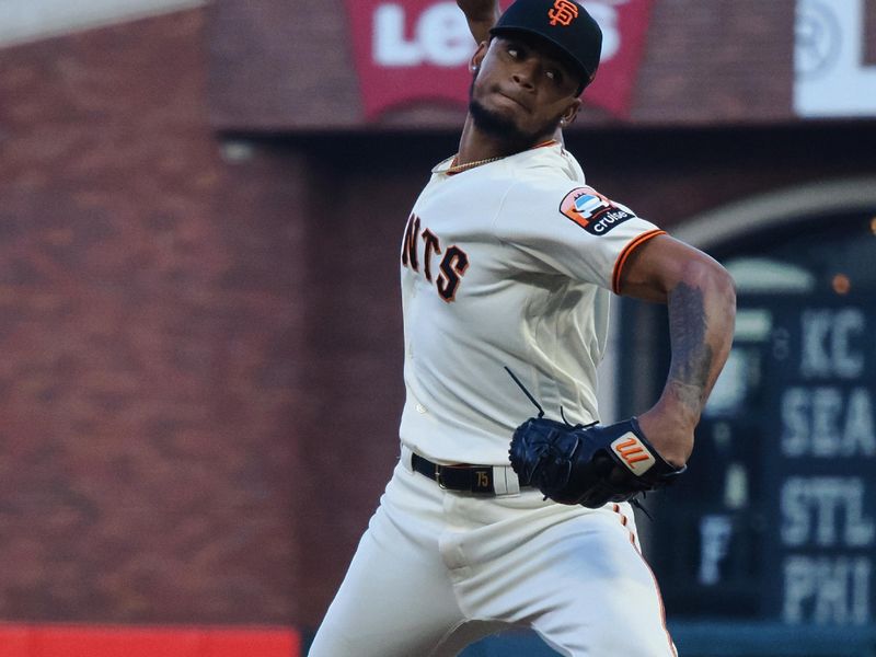 Aug 27, 2023; San Francisco, California, USA; San Francisco Giants relief pitcher Camil Doval (75) pitches the ball against the Atlanta Braves during the ninth inning at Oracle Park. Mandatory Credit: Kelley L Cox-USA TODAY Sports