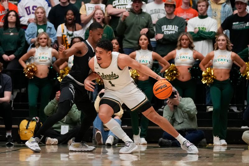 Feb 27, 2024; Fort Collins, Colorado, USA; Colorado State Rams forward Joel Scott (1) dribbles against Nevada Wolf Pack guard Hunter McIntosh (0) at Moby Arena. Mandatory Credit: Michael Madrid-USA TODAY Sports