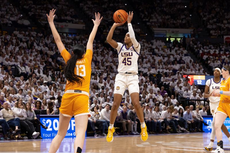 Jan 30, 2023; Baton Rouge, Louisiana, USA;  LSU Lady Tigers guard Alexis Morris (45) shoots a jump shot against Tennessee Lady Vols forward Justine Pissott (13) during the first half at Pete Maravich Assembly Center. Mandatory Credit: Stephen Lew-USA TODAY Sports