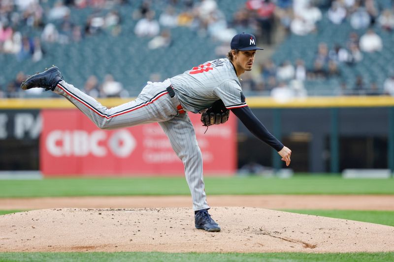 Apr 29, 2024; Chicago, Illinois, USA; Minnesota Twins starting pitcher Joe Ryan (41) delivers a pitch against the Chicago White Sox during the first inning at Guaranteed Rate Field. Mandatory Credit: Kamil Krzaczynski-USA TODAY Sports