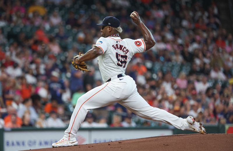 Aug 20, 2024; Houston, Texas, USA; Houston Astros starting pitcher Ronel Blanco (56) delivers a pitch during the first inning against the Boston Red Sox at Minute Maid Park. Mandatory Credit: Troy Taormina-USA TODAY Sports