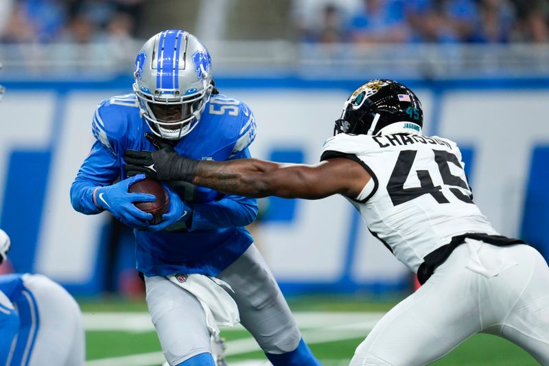 Jacksonville Jaguars linebacker K'Lavon Chaisson (45) applies pressure to Detroit Lions quarterback Teddy Bridgewater (50) during an preseason NFL football game in Detroit, Saturday, Aug. 19, 2023. (AP Photo/Paul Sancya)