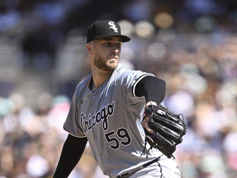 Sep 22, 2024; San Diego, California, USA; Chicago White Sox starting pitcher Sean Burke (59) pitches against the San Diego Padres during the first inning at Petco Park. Mandatory Credit: Orlando Ramirez-Imagn Images