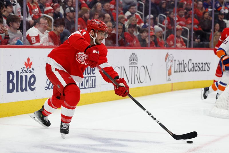 Feb 29, 2024; Detroit, Michigan, USA;  Detroit Red Wings defenseman Shayne Gostisbehere (41) skates with the puck in the third period against the New York Islanders at Little Caesars Arena. Mandatory Credit: Rick Osentoski-USA TODAY Sports