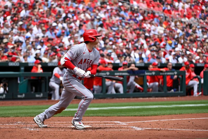 May 4, 2023; St. Louis, Missouri, USA;  Los Angeles Angels designated hitter Shohei Ohtani (17) hits a single against the St. Louis Cardinals during the third inning at Busch Stadium. Mandatory Credit: Jeff Curry-USA TODAY Sports