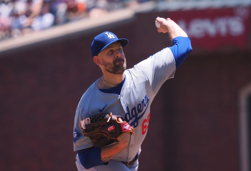 Jun 30, 2024; San Francisco, California, USA; Los Angeles Dodgers starting pitcher James Paxton (65) pitches the ball against the San Francisco Giants during the first inning at Oracle Park. Mandatory Credit: Kelley L Cox-USA TODAY Sports