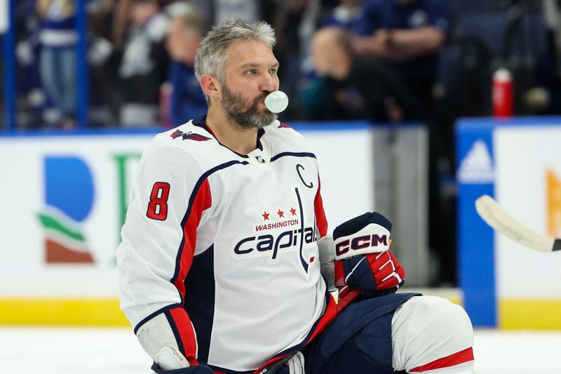 Feb 22, 2024; Tampa, Florida, USA;  Washington Capitals left wing Alex Ovechkin (8) warms up before a game against the before a game against the Tampa Bay Lightning at Amalie Arena. Mandatory Credit: Nathan Ray Seebeck-USA TODAY Sports