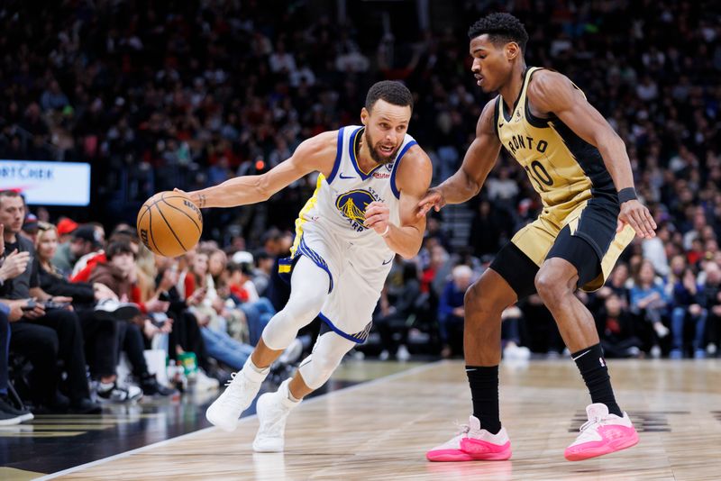 TORONTO, CANADA - MARCH 1: Stephen Curry #30 of the Golden State Warriors drives against Ochai Agbaji #30 of the Toronto Raptors in the second half of their NBA game  at Scotiabank Arena on March 1, 2024 in Toronto, Canada.  NOTE TO USER: User expressly acknowledges and agrees that, by downloading and or using this photograph, User is consenting to the terms and conditions of the Getty Images License Agreement. (Photo by Cole Burston/Getty Images)