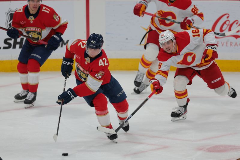 Mar 1, 2025; Sunrise, Florida, USA; Florida Panthers defenseman Gustav Forsling (42) moves the puck past Calgary Flames center Morgan Frost (16) during the second period at Amerant Bank Arena. Mandatory Credit: Sam Navarro-Imagn Images