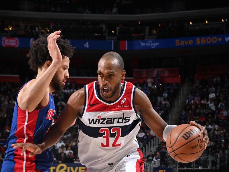 DETROIT, MI - MARCH 11: Khris Middleton #32 of the Washington Wizards drives to the basket during the game against the Detroit Pistons on March 11, 2025 at Little Caesars Arena in Detroit, Michigan. NOTE TO USER: User expressly acknowledges and agrees that, by downloading and/or using this photograph, User is consenting to the terms and conditions of the Getty Images License Agreement. Mandatory Copyright Notice: Copyright 2025 NBAE (Photo by Chris Schwegler/NBAE via Getty Images)