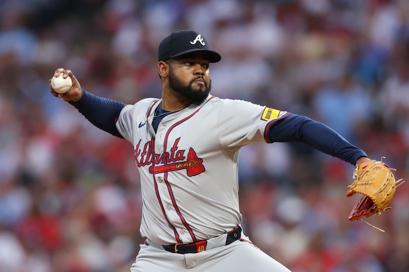 Aug 30, 2024; Philadelphia, Pennsylvania, USA; Atlanta Braves pitcher Reynaldo Lopez (40) throws a pitch against the Philadelphia Phillies during the second inning at Citizens Bank Park. Mandatory Credit: Bill Streicher-USA TODAY Sports