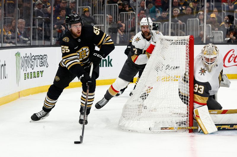 Feb 29, 2024; Boston, Massachusetts, USA; Boston Bruins right wing Justin Brazeau (55) looks to pass behind the net of Vegas Golden Knights goaltender Adin Hill (33) during the third period at TD Garden. Mandatory Credit: Winslow Townson-USA TODAY Sports