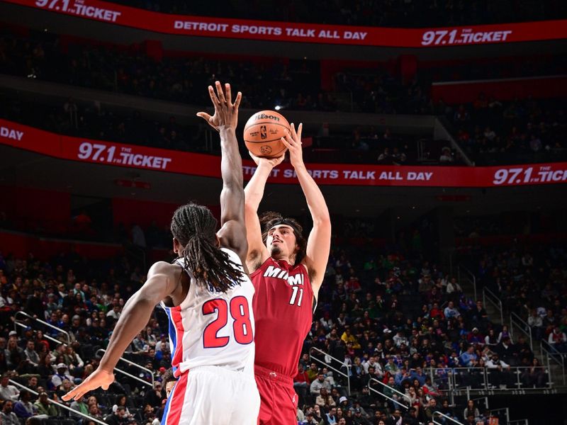 DETROIT, MI - MARCH 17: Jaime Jaquez Jr. #11 of the Miami Heat shoots the ball during the game  on March 17, 2024 at Little Caesars Arena in Detroit, Michigan. NOTE TO USER: User expressly acknowledges and agrees that, by downloading and/or using this photograph, User is consenting to the terms and conditions of the Getty Images License Agreement. Mandatory Copyright Notice: Copyright 2024 NBAE (Photo by Chris Schwegler/NBAE via Getty Images)