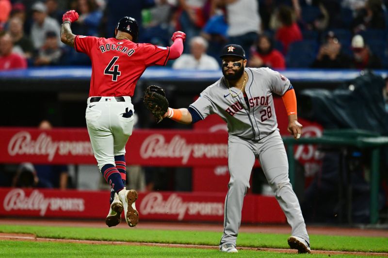 Sep 28, 2024; Cleveland, Ohio, USA; Houston Astros first baseman Jon Singleton (28) tags out Cleveland Guardians shortstop Brayan Rocchio (4) during the fourth inning at Progressive Field. Mandatory Credit: Ken Blaze-Imagn Images