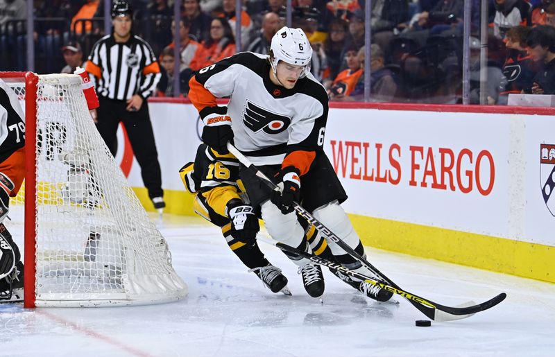 Nov 25, 2022; Philadelphia, Pennsylvania, USA; Philadelphia Flyers defenseman Travis Sanheim (6) shields the puck from Pittsburgh Penguins left wing Jason Zucker (16) in the second period at Wells Fargo Center. Mandatory Credit: Kyle Ross-USA TODAY Sports