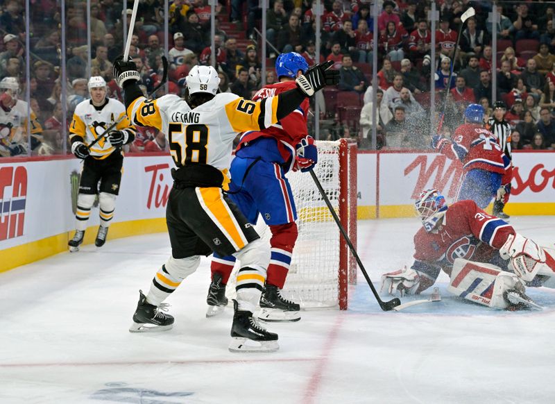 Oct 14, 2024; Montreal, Quebec, CAN; Pittsburgh Penguins defenseman Kris Letang (58) celebrates after scoring a goal against Montreal Canadiens goalie Sam Montembeault (35) during the third period at the Bell Centre. Mandatory Credit: Eric Bolte-Imagn Images