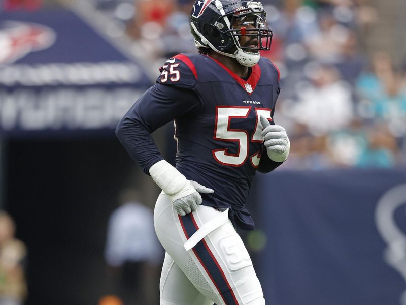 Houston Texans defensive end Jerry Hughes (55) in action during an NFL preseason football game against the Miami Dolphins, Saturday, Aug. 19, 2023, in Houston. (AP Photo/Tyler Kaufman)