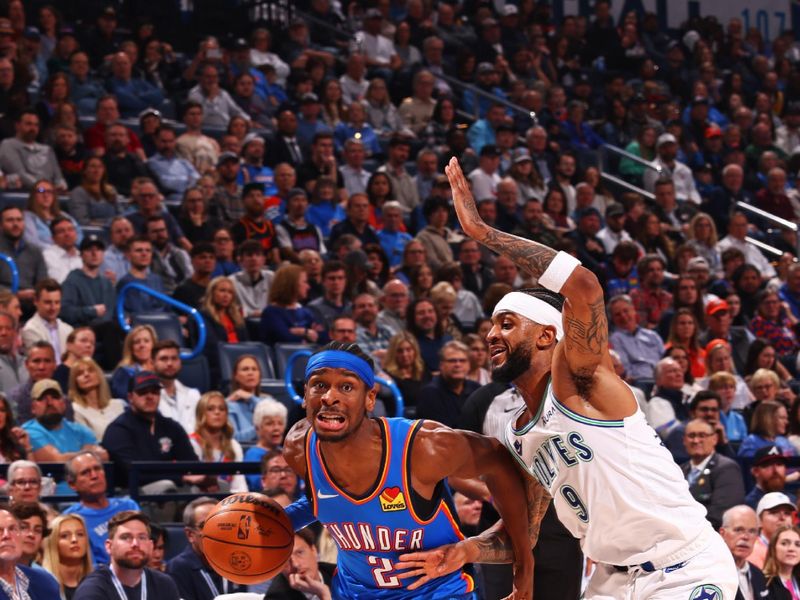 OKLAHOMA CITY, OK - JANUARY 29: Shai Gilgeous-Alexander #2 of the Oklahoma City Thunder handles the ball during the game against the Minnesota Timberwolves on January 29, 2024 at Paycom Arena in Oklahoma City, Oklahoma. NOTE TO USER: User expressly acknowledges and agrees that, by downloading and or using this photograph, User is consenting to the terms and conditions of the Getty Images License Agreement. Mandatory Copyright Notice: Copyright 2024 NBAE (Photo by Zach Beeker/NBAE via Getty Images)