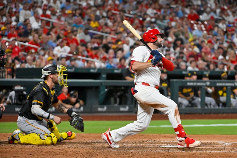 Jun 11, 2024; St. Louis, Missouri, USA;  St. Louis Cardinals right fielder Alec Burleson (41) hits a single against the Pittsburgh Pirates during the eighth inning at Busch Stadium. Mandatory Credit: Jeff Curry-USA TODAY Sports