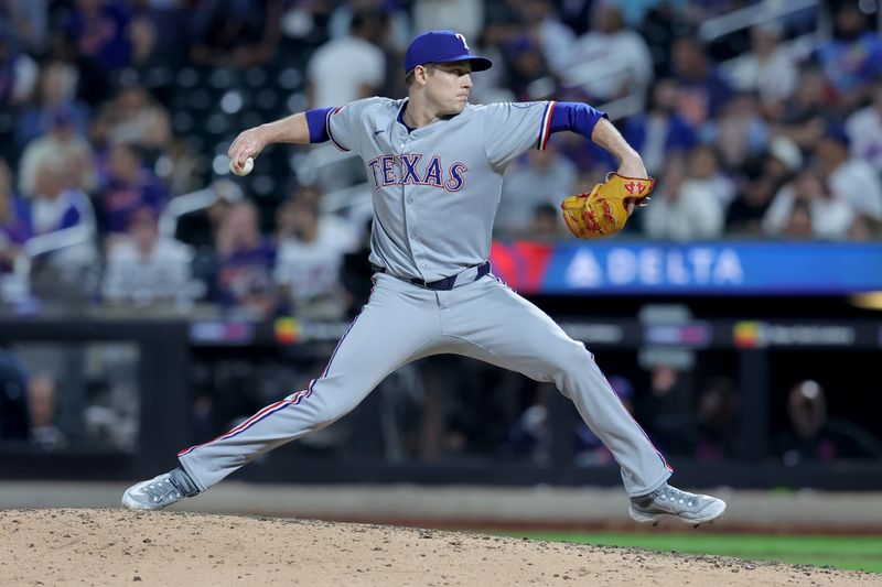 Sep 12, 2025; New York City, New York, USA; Texas Rangers relief pitcher Phil Maton (88) pitches against the New York Mets during the ninth inning at Citi Field. Mandatory Credit: Brad Penner-Imagn Images