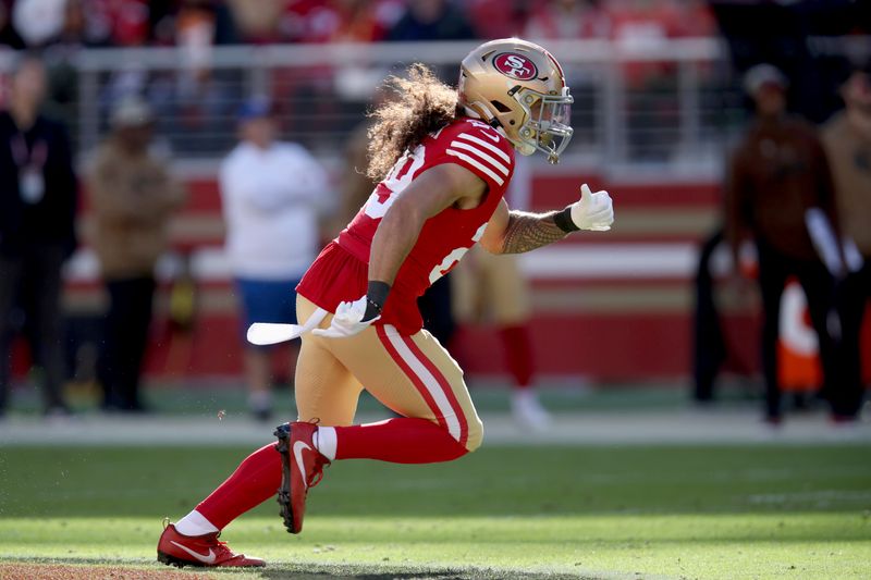 San Francisco 49ers safety Talanoa Hufanga (29) runs during an NFL football game against the Tampa Bay Buccaneers, Sunday, Nov. 19, 2023, in Santa Clara, Calif. (AP Photo/Scot Tucker)