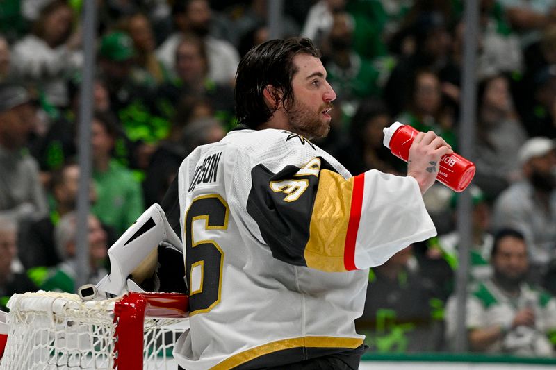 Apr 24, 2024; Dallas, Texas, USA; Vegas Golden Knights goaltender Logan Thompson (36) waits for play to resume against the Dallas Stars during the second period in game two of the first round of the 2024 Stanley Cup Playoffs at American Airlines Center. Mandatory Credit: Jerome Miron-USA TODAY Sports