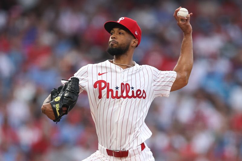 Aug 3, 2025; Philadelphia, Pennsylvania, USA; Philadelphia Phillies pitcher Cristopher Sanchez (61) throws a pitch against the Detroit Tigers during the first inning at Citizens Bank Park. Mandatory Credit: Bill Streicher-Imagn Images