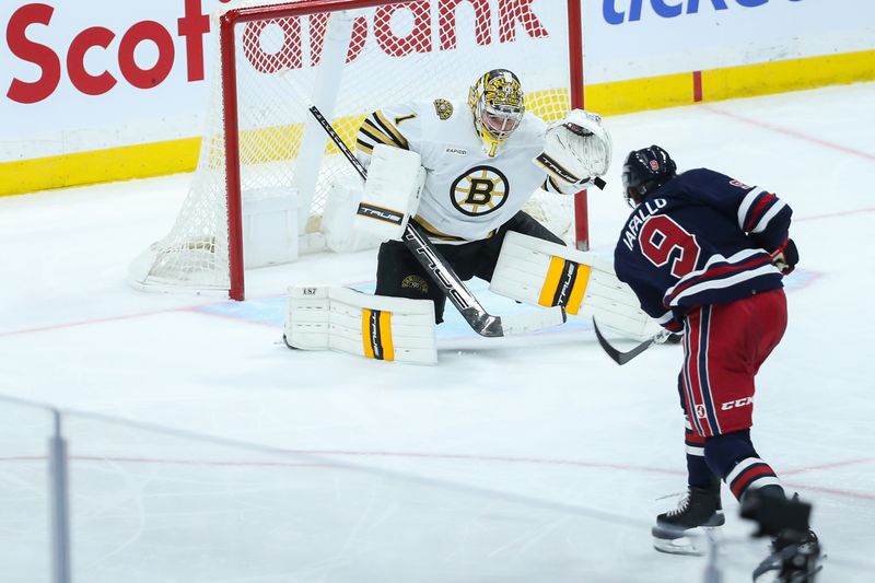Dec 22, 2023; Winnipeg, Manitoba, CAN;  Winnipeg Jets forward Alex Iafallo (9) takes a shot on Boston Bruins goalie Jeremy Swayman (1) during the third period at Canada Life Centre. Mandatory Credit: Terrence Lee-USA TODAY Sports