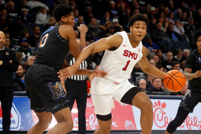 Jan 26, 2023; Memphis, Tennessee, USA; Southern Methodist Mustangs guard Zhuric Phelps (1) drives to the basket as Memphis Tigers guard Elijah McCadden (0) defends during the second half at FedExForum. Mandatory Credit: Petre Thomas-USA TODAY Sports