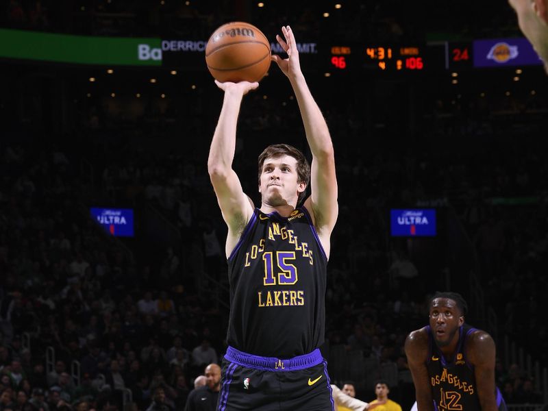 BOSTON, MA - FEBRUARY 1:  Austin Reaves #15 of the Los Angeles Lakers shoots a free throw during the game against the Boston Celtics on February 1, 2024 at the TD Garden in Boston, Massachusetts. NOTE TO USER: User expressly acknowledges and agrees that, by downloading and or using this photograph, User is consenting to the terms and conditions of the Getty Images License Agreement. Mandatory Copyright Notice: Copyright 2024 NBAE  (Photo by Brian Babineau/NBAE via Getty Images)