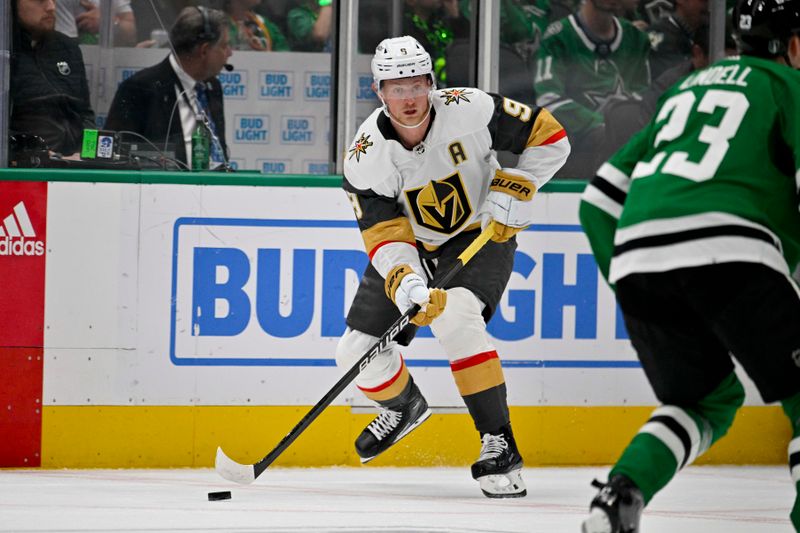 May 5, 2024; Dallas, Texas, USA; Vegas Golden Knights center Jack Eichel (9) skates past Dallas Stars defenseman Esa Lindell (23) during the first period in game seven of the first round of the 2024 Stanley Cup Playoffs at American Airlines Center. Mandatory Credit: Jerome Miron-USA TODAY Sports