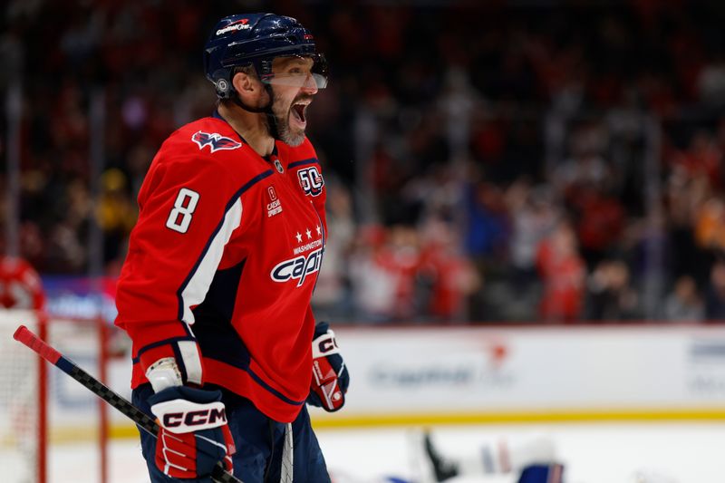 Oct 31, 2024; Washington, District of Columbia, USA; Washington Capitals left wing Alex Ovechkin (8) celebrates after scoring a goal on Montreal Canadiens goaltender Cayden Primeau (30) in the third period at Capital One Arena. Mandatory Credit: Geoff Burke-Imagn Images