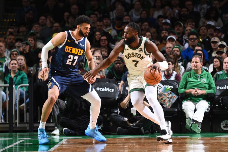 BOSTON, MA - JANUARY 19:  Jaylen Brown #7 of the Boston Celtics handles the ball during the game against the Denver Nuggets on January 19, 2024 at the TD Garden in Boston, Massachusetts. NOTE TO USER: User expressly acknowledges and agrees that, by downloading and or using this photograph, User is consenting to the terms and conditions of the Getty Images License Agreement. Mandatory Copyright Notice: Copyright 2024 NBAE  (Photo by Brian Babineau/NBAE via Getty Images)