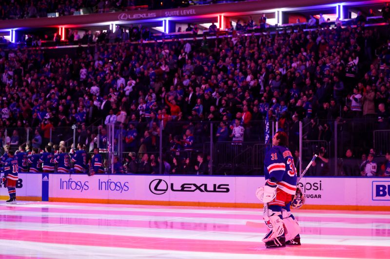 Feb 8, 2023; New York, New York, USA; New York Rangers goaltender Igor Shesterkin (31) looks on during the anthem before a game against the Vancouver Canucks at Madison Square Garden. Mandatory Credit: Jessica Alcheh-USA TODAY Sports