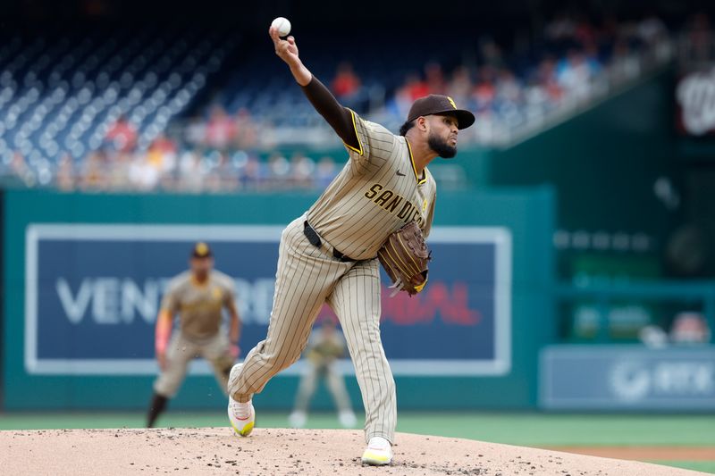 Jul 23, 2024; Washington, District of Columbia, USA; San Diego Padres starting pitcher Randy Vasquez (98) pitches against the Washington Nationals during the first inning at Nationals Park. Mandatory Credit: Geoff Burke-USA TODAY Sports