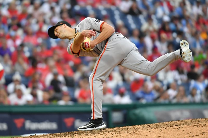 May 6, 2024; Philadelphia, Pennsylvania, USA; San Francisco Giants pitcher Tyler Rogers (71) throws a pitch against the Philadelphia Phillies during the eighth inning at Citizens Bank Park. Mandatory Credit: Eric Hartline-USA TODAY Sports