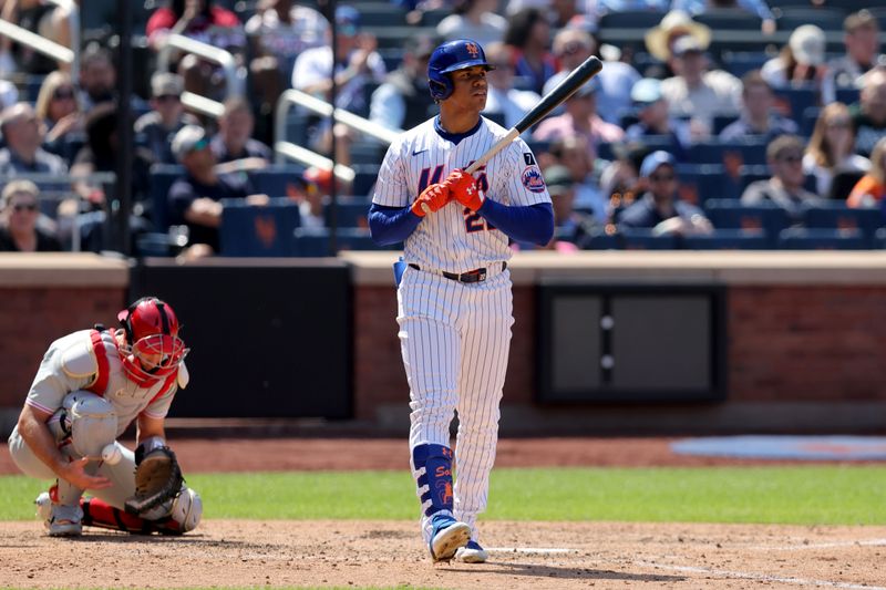 Apr 23, 2025; New York City, New York, USA; New York Mets right fielder Juan Soto (22) reacts after drawing a walk during the fifth inning against the Philadelphia Phillies at Citi Field. Mandatory Credit: Brad Penner-Imagn Images