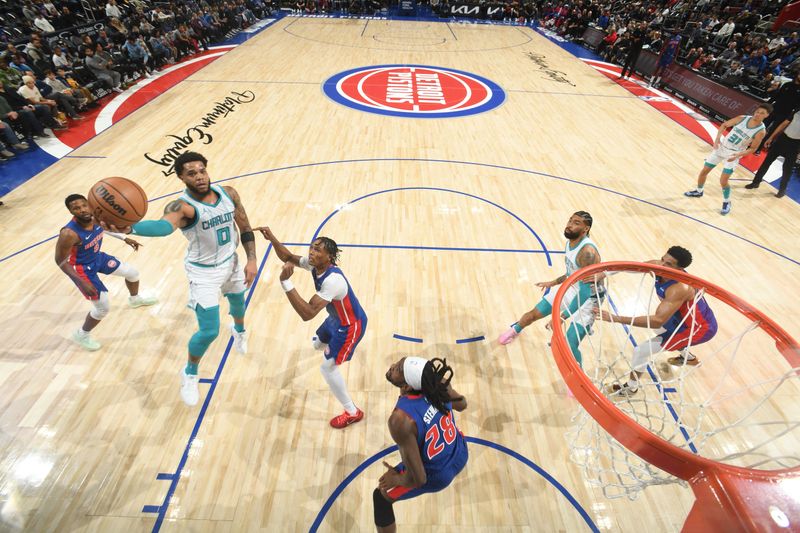 DETROIT, MI - JANUARY 3: Miles Bridges #0 of the Charlotte Hornets drives to the basket during the game against the Detroit Pistons on January 3, 2025 at Little Caesars Arena in Detroit, Michigan. NOTE TO USER: User expressly acknowledges and agrees that, by downloading and/or using this photograph, User is consenting to the terms and conditions of the Getty Images License Agreement. Mandatory Copyright Notice: Copyright 2025 NBAE (Photo by Chris Schwegler/NBAE via Getty Images)