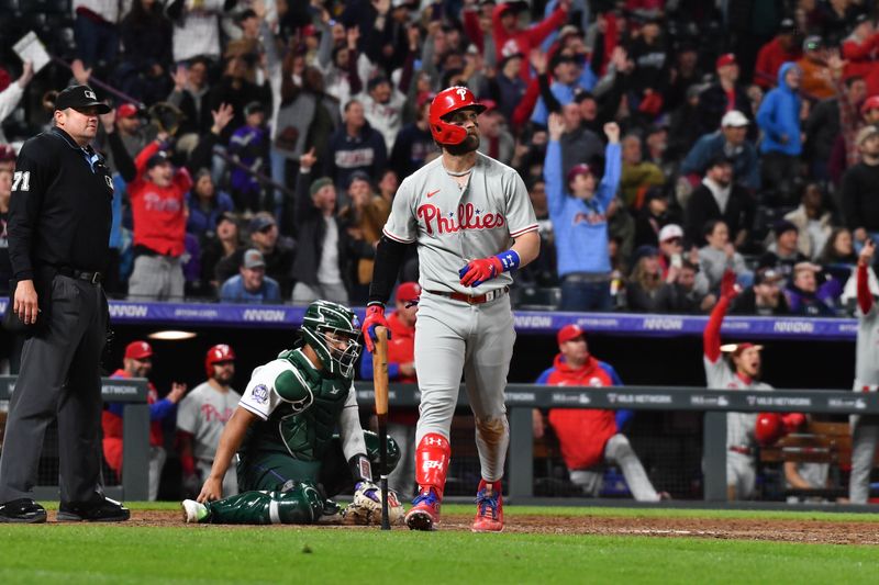 May 13, 2023; Denver, Colorado, USA; Philadelphia Phillies designated hitter Bryce Harper (3) watches the flight of the ball for a home run in the ninth inning against the Colorado Rockies at Coors Field. Mandatory Credit: John Leyba-USA TODAY Sports