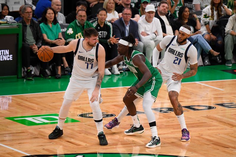 BOSTON, MA - JUNE 17: Luka Doncic #77 of the Dallas Mavericks handles the ball during the game against the Boston Celtics during Game 5 of the 2024 NBA Finals on June 17, 2024 at the TD Garden in Boston, Massachusetts. NOTE TO USER: User expressly acknowledges and agrees that, by downloading and or using this photograph, User is consenting to the terms and conditions of the Getty Images License Agreement. Mandatory Copyright Notice: Copyright 2024 NBAE  (Photo by Brian Babineau/NBAE via Getty Images)