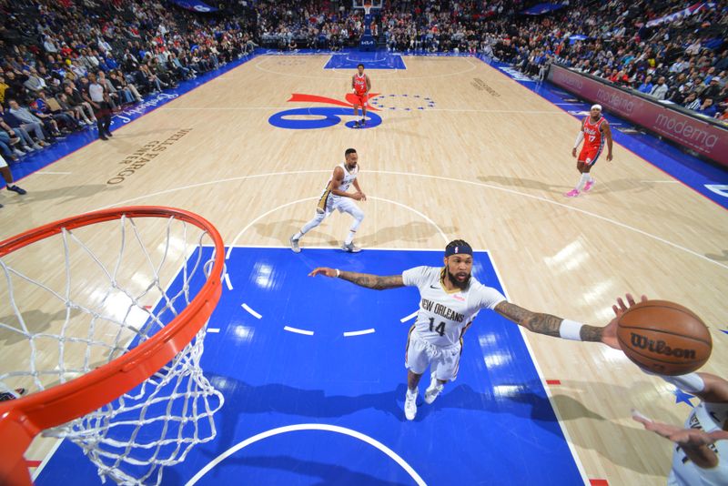 PHILADELPHIA, PA - MARCH 8: Brandon Ingram #14 of the New Orleans Pelicans rebounds the ball during the game against the Philadelphia 76ers on March 8, 2024 at the Wells Fargo Center in Philadelphia, Pennsylvania NOTE TO USER: User expressly acknowledges and agrees that, by downloading and/or using this Photograph, user is consenting to the terms and conditions of the Getty Images License Agreement. Mandatory Copyright Notice: Copyright 2024 NBAE (Photo by Jesse D. Garrabrant/NBAE via Getty Images)