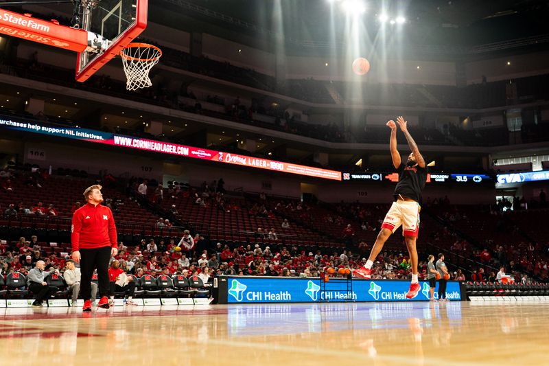 Feb 17, 2024; Lincoln, Nebraska, USA; Nebraska Cornhuskers guard Brice Williams (3) warms up before the game against the Penn State Nittany Lions at Pinnacle Bank Arena. Mandatory Credit: Dylan Widger-USA TODAY Sports